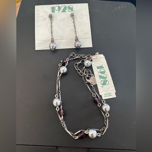 1928 Silver Tone Faux Pearl & Bead Earring and Necklace Set